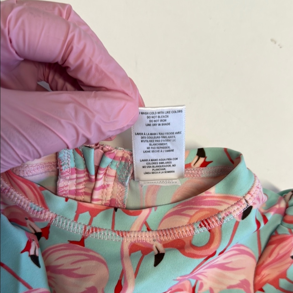 Ruffle Butts Pink and Blue Flamingo Rashguard - Picture 4 of 4